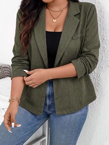 SHEIN PETITE CURVE 小碼大尺碼女款秋冬新款時尚休閒西裝外套 - 軍綠色 - 查看 4