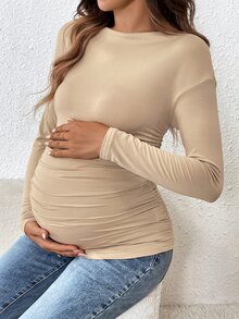 SHEIN Maternity Solid Color Boat Neck Pleated Long Sleeve Fitted T-Shirt - Khaki - View 3