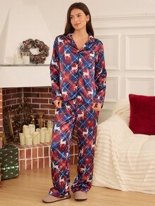 Doze Lane Reindeer Print Plaid Lapel Cardigan Faux Silk Women's Long Sleeve Pajama Set - Navy Blue - View 4
