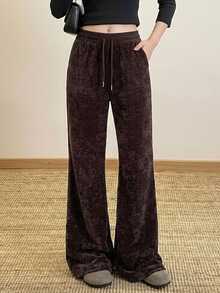 DAZY Women's Elastic Waist Drawstring Tie Pocket Elegant Long Pants - Brown - View 5