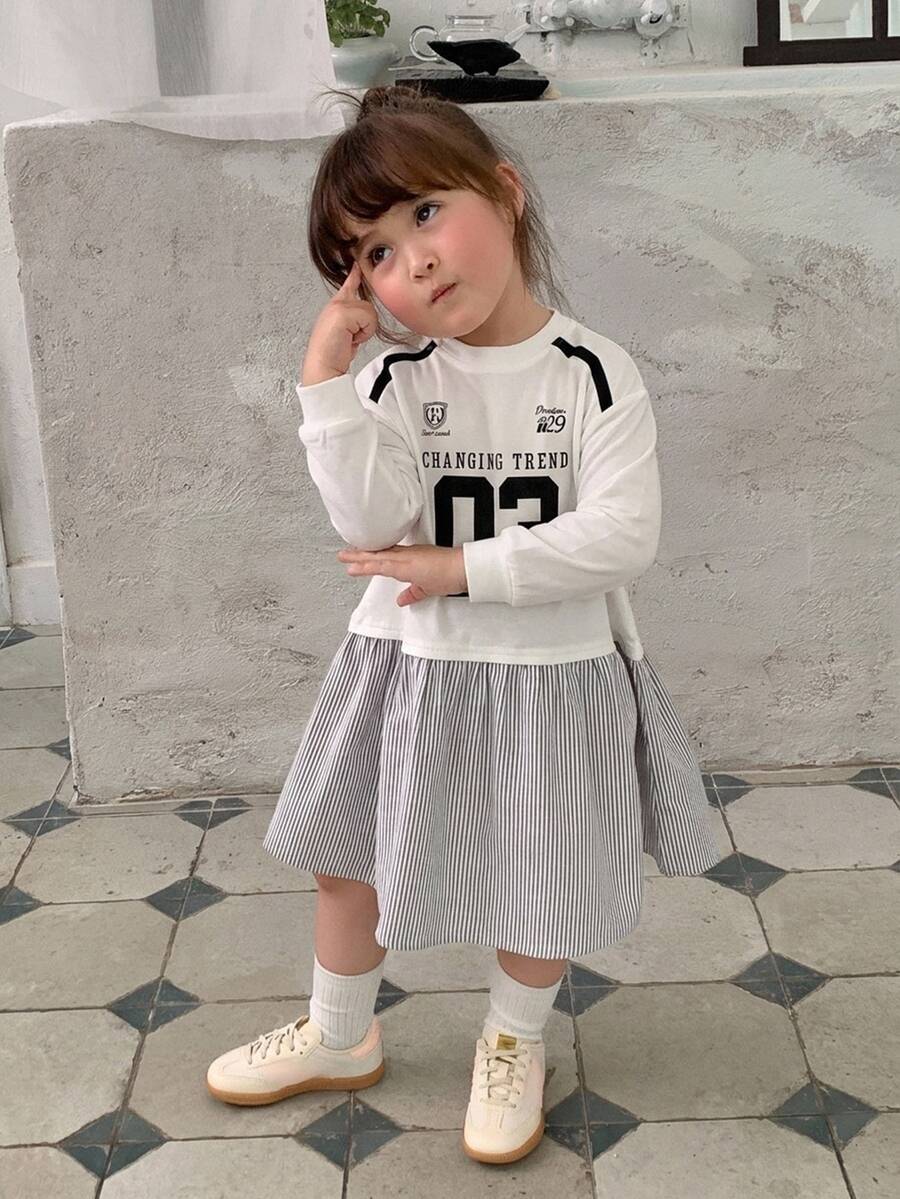 DAZY Infant/Toddler (Girl) Round Neck Striped Patchwork Short Sleeve English Print Dress - White - View 1