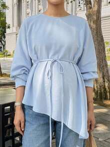 DAZY Solid Color Loose Long Sleeve Belted Elegant Vacation Spring/Autumn Cover-Up Maternity Top - Blue - View 5