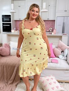 Slumberry CURVE Plus Size Women's Striped Cherry Print Knit Long Nightgown - Yellow - View 6