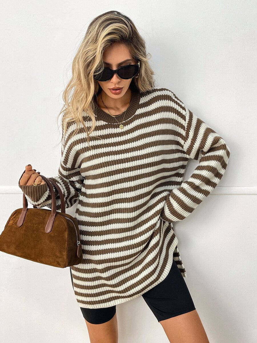 Elyressa Sweater Wanita Bergaris Kasual Gaya Prancis dengan Desain Belahan, Musim Dingin - MultiWarna - View 1