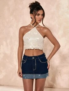 SHEIN BAE Women's Casual Daily Denim Mini Skirt With Pockets, Buttons And Rhinestones - Blue - View 5