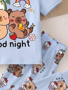 Sweet Dream 系列女童可愛水豚圖案長袖長褲睡衣套裝，舒適休閒居家服，適合秋冬穿著，女童秋季服飾，女童修身睡衣套裝，女童加厚衣物 - 彩色 - 查看 4