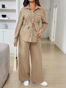 SHEIN 孕婦純色長袖上衣與可調腰長褲休閒日常兩件套 秋季 - 卡其色 - 查看 3