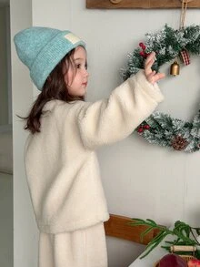 DAZY Infant/Toddler (Girl) Round Neck Solid Color Autumn/Winter Long Sleeve Fleece Sweatshirt Set - White - View 3