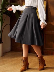 Vintamour Women's Solid Color High Waist Pleated Elegant Commuter Skirt - Dark Grey - View 5