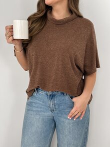 SHEIN Essnce تي شيرت كاجوال متعدد الاستخدامات برقبة عالية وأكمام قصيرة بلون موحد للنساء مقاس كبير - بني - مشاهدة 3