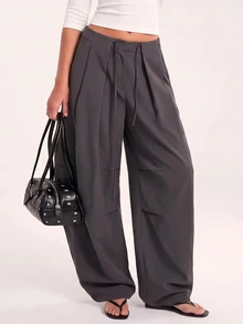 Avantive Women's Simple Pleated Tie Waist Loose Long Pants For Vacation & Travel - Grey - View 4