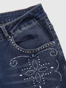 ROMWE Quần jeans denim ống loe size lớn, co giãn cao, thoải mái, họa tiết đính đá, phong cách thường ngày đa năng - Màu xanh lam - Xem 5