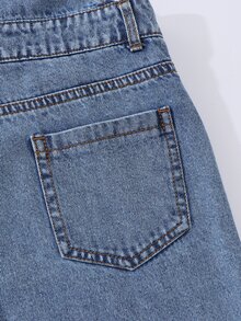 SHEIN ChillGRL Tween Girls Denim Overalls & Jumpsuits New All-Season Blue Distressed Ripped Washed Adjustable Shoulder Strap Bow Towel Embroidery White & Pink Butterfly Pattern Straight Leg Casual Vacation Style Bottoms - Medium Wash - View 7
