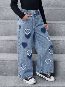 SHEIN 女童四季通用水洗多功能寬鬆時尚舒適柔軟細棉布愛心元素貼布繡裝飾＋愛心陰影彈性腰頭復古淺藍色水洗牛仔直筒牛仔褲 - 淺色水洗藍 - 查看 6