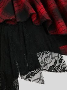 Sweetra Plus Size Autumn/Winter Vintage Plaid Patchwork Mesh Asymmetrical Hem Skirt - Multicolor - View 7
