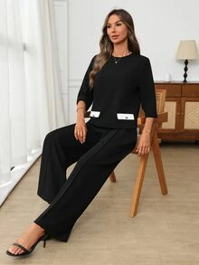 EMERY ROSE Women's Colorblock Round Neck 3/4 Sleeve Top And Long Pants Casual Everyday Set Autumn Clothes For Women Winter Set Elegant Women's Set - Black - View 5