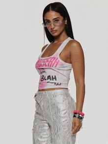 MUSERA Pink Contrast Graphic Tank Top Autumn Fall Winter Coolgirl Rave Festival Halloween Ultra M - Multicolor - View 4