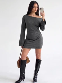 SHEIN BASICS Women's Solid Color One Shoulder Long Sleeve Fitted Ruched Knit Dress - Black - View 1