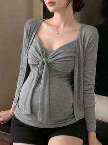 DAZY Slim Fit Tie Bow Tank Top Short Cardigan Casual Vacation Korean Style Spring Autumn Maternity 2 Pieces Set - Grey - View 6