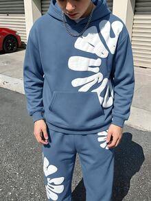 2件組兒童青少年男孩休閒大字母圖案麻灰帽顯衛衣與運動長褲套裝，適合秋冬、家庭聚會、開學季、運動、玩耍、生日派對、攝影、度假、節日 - 霧霾藍 - 查看 2