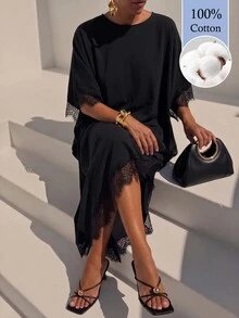Zivah 女款純色圓領對比蕾絲不對稱下擺寬鬆長洋裝 (100%棉) - 黑色 - 查看 1