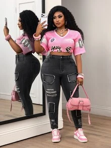 Slaydiva Celana Jeans Denim Kasual Serbaguna Model Skinny Berbahan Denim Sobek untuk Wanita Ukuran Plus dengan Kantong - Hitam - View 6