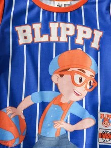 Blippi X SHEIN Young Boy Striped Short Sleeve T-Shirt And Shorts Casual Set - Blue - View 4