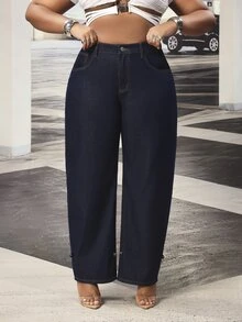 Slaydiva Celana Jeans Festival Plus Size Wanita Warna Biru Model Slim Fit Tanpa Peregangan dengan Potongan Kaki Pisang - Dark Wash - View 3