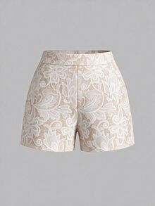 Lavishia Women's Lace Print Single-Breasted Vest And Shorts Elegant 2 Pieces Set - Apricot - View 3