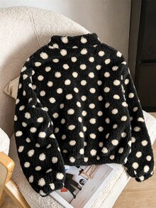 SHEIN 女童黑色波點毛絨夾克，白色波點圖案，可愛立領拉鍊短版設計，修身顯瘦，秋冬校園學生款 - 彩色 - 查看 2