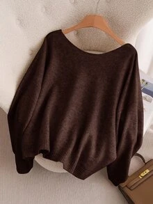 CosyJoli Sweater Wanita Ukuran Besar dengan Pita di Belakang, Mode Musim Gugur/Dingin, Nyaman dan Serbaguna - Coffee Brown - View 4