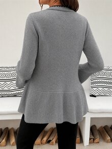 SHEIN 孕婦花苞飾邊前綁帶喇叭袖針織開襟衫 - 灰色 - 查看 2