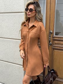 SHEIN LUNE Casual Women's Autumn/Winter Button-Down Shirt Dress Fall 2026 Clothes Work Brunch Shades Of Brown - Brown - View 3