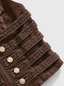 ROMWE Áo hai dây denim ôm sát nữ phong cách Grunge Punk mùa hè, trang trí khóa kim loại Napoleon - màu nâu - Xem 4