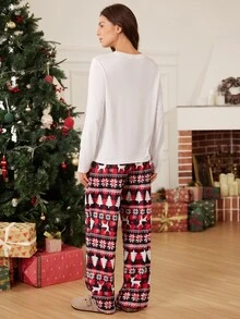 Doze Lane Merry Christmas Creative Letter Print Long Sleeve Top & Reindeer Snowflake Christmas Tree Print Pants Women Pajama Set - White - View 2