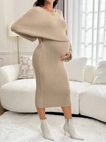 Lyckli Maternity Solid Color Round Neck Casual Daily Knit Dress - Apricot - View 1
