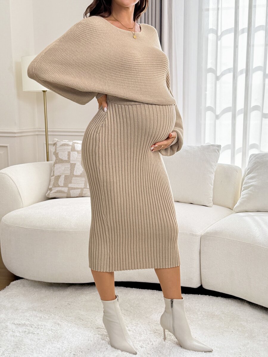 Lyckli Maternity Solid Color Round Neck Casual Daily Knit Dress - Apricot - View 1