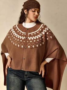 Nubod Plus Size Vintage Geometric Jacquard Loose Cape Knit Sweater - Camel - View 1