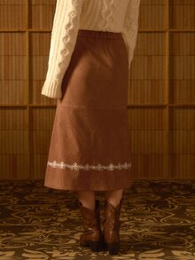 MOTF STUDIO WOMEN'S AUTUMN/WINTER VINTAGE BOHEMIAN SUEDE EMBROIDERED HEM LONG SKIRT - Rust Brown - View 6