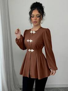 Fine & Folde Women's Round Neck Pleated Casual Versatile Daily Wear Blouse - Coffee Brown - View 5