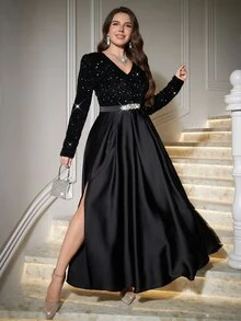 Reflora Plus Size Women Solid Color Sequin Waist Rhinestone Decor Elegant Dress - Black - View 5