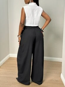 BamGleam Women's Button Lapel Vest Jacket And Double Waistband Long Pants Suit Set - Black and White - View 2