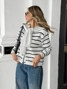 Pariaura Vintage Fashion Black Striped Detachable Shawl Design Soft & Cozy Casual Versatile Knit Cardigan - Grey - View 1