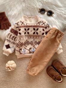 SHEIN 2pcs Baby Boy & Girl Autumn/Winter Pattern Thermal Lined Thick Crew Neck Long Sleeve Pullover Sweatshirt & Elastic Waist Long Pants Set, Fuzzy Sweatshirt Outfit - Multicolor - View 2