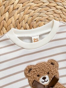 Cozy Pixies 男嬰針織條紋圓領熊刺繡圖案寬鬆休閒衛衣與長褲兩件套，適合秋冬穿著 - 彩色 - 查看 3