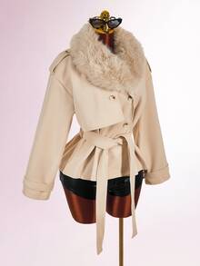 Amplova Women's Solid Color Fur Collar Dropped Shoulder Long Sleeve Double Breasted Overcoat - Grey - View 15