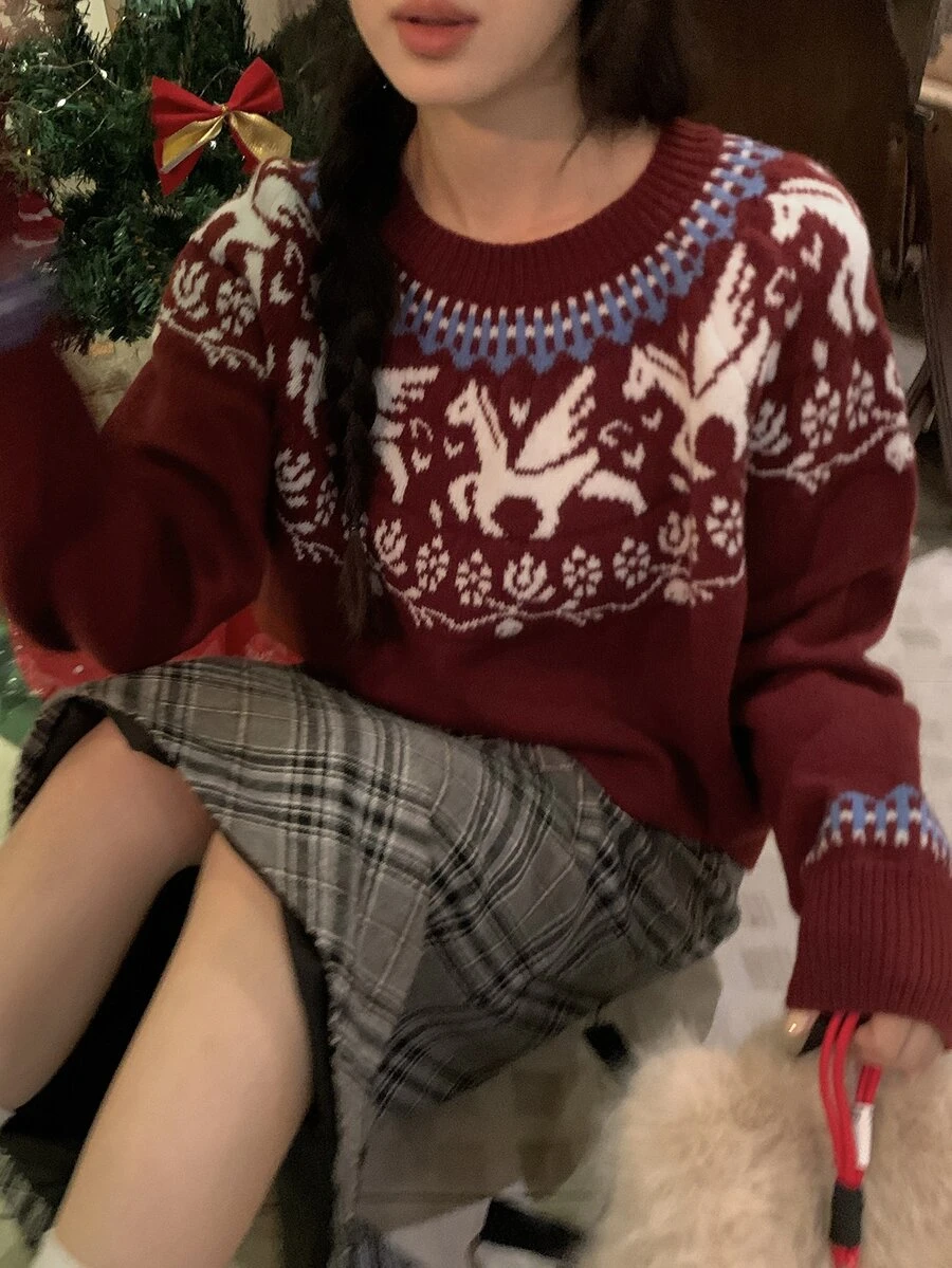 DAZY Women's Round Neck Loose Fit Patterned Christmas Casual Red Sweater Winter - Burgundy - View 1