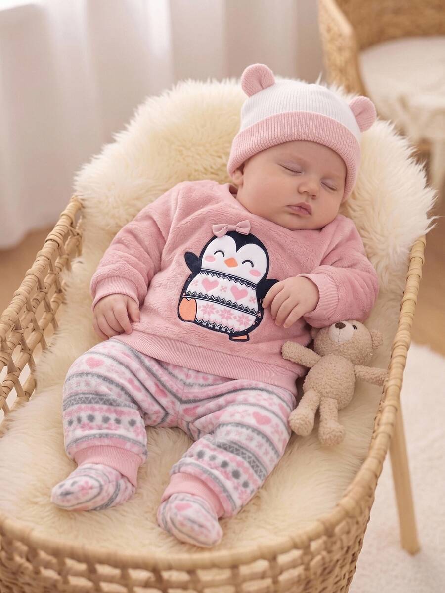 LMoss Kids 女嬰粉色3D蝴蝶結人造毛卡通企鵝刺繡貼布長袖上衣與鬆緊腰長褲2件套 - 彩色 - 查看 1