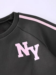 SHEIN 青少年女孩抓絨運動衫套裝 字母印花蝴蝶結裝飾 寬腿長褲 秋季休閒穿搭 - 深灰色 - 查看 3