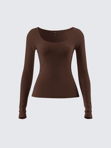 SHEIN BASICS 女款休閒針織修身長袖圓領基本款T恤冬季女裝 - 棕色 - 查看 3
